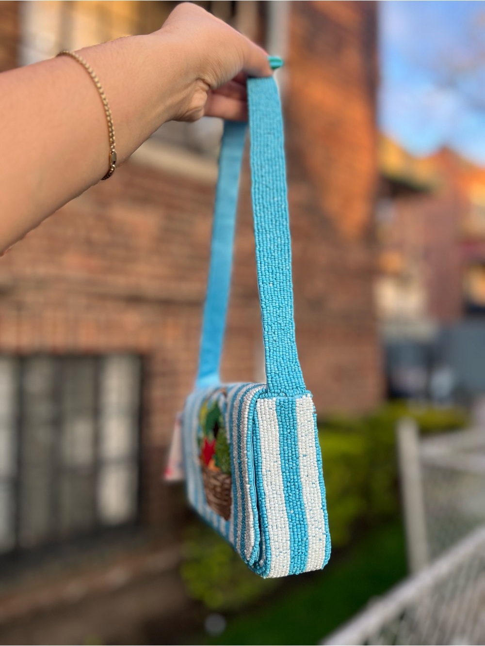 TJMAXX MARSHALLS Picnic Striped Farmers Market Produce Beaded Bag Shoulder Purse - Picture 7 of 10